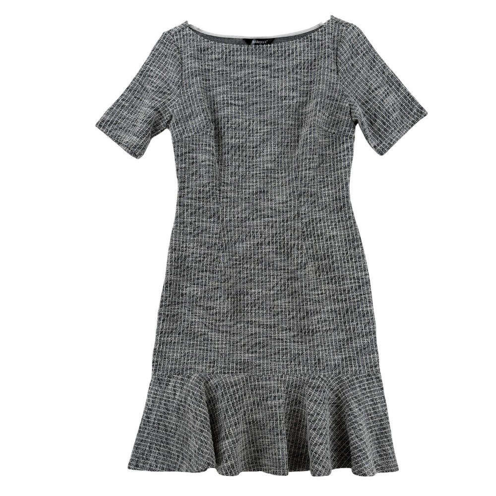 Allegra K Dress Womens XS Gray Check Tweed Ruffle Hem Sheath Short Sleeve Office